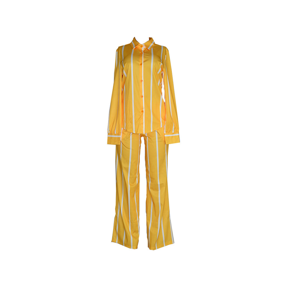 Women's Striped Print Two-piece Set - Button Front Collar Long Sleeve Shirt & High Waist Wide Leg Loose Pants Set - Casual Style - For Women - Perfect for Everyday Wear & Loungewear - Great Gift for Fashionable Women