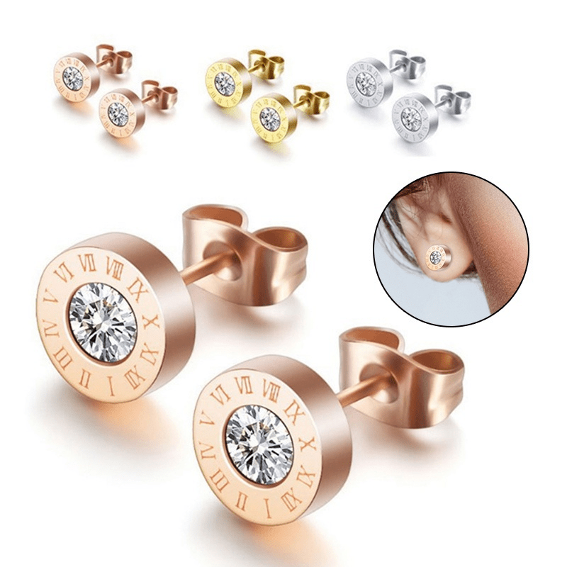 [1 Pair Roman Numeral Earrings] Stainless Steel Roman Numeral Earrings for Women - 1 Pair Fashion Synthetic Zirconia Valentine's Day Gift