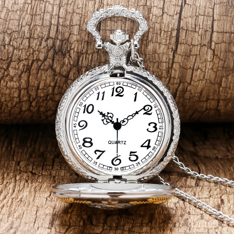 Vintage-Style Round-Shaped Stainless Steel Pocket Watch with Hammer Sickle Emblem - Electronic Quartz Movement, Pointer Display, Retro Design - Unique Collectible Accessory
