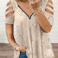 Plus Size, 2021 European and American Cross-Border Wish Women's Fashion V-Neck Zipper Print Short Sleeve Loose Casual T-Shirt Women's Top