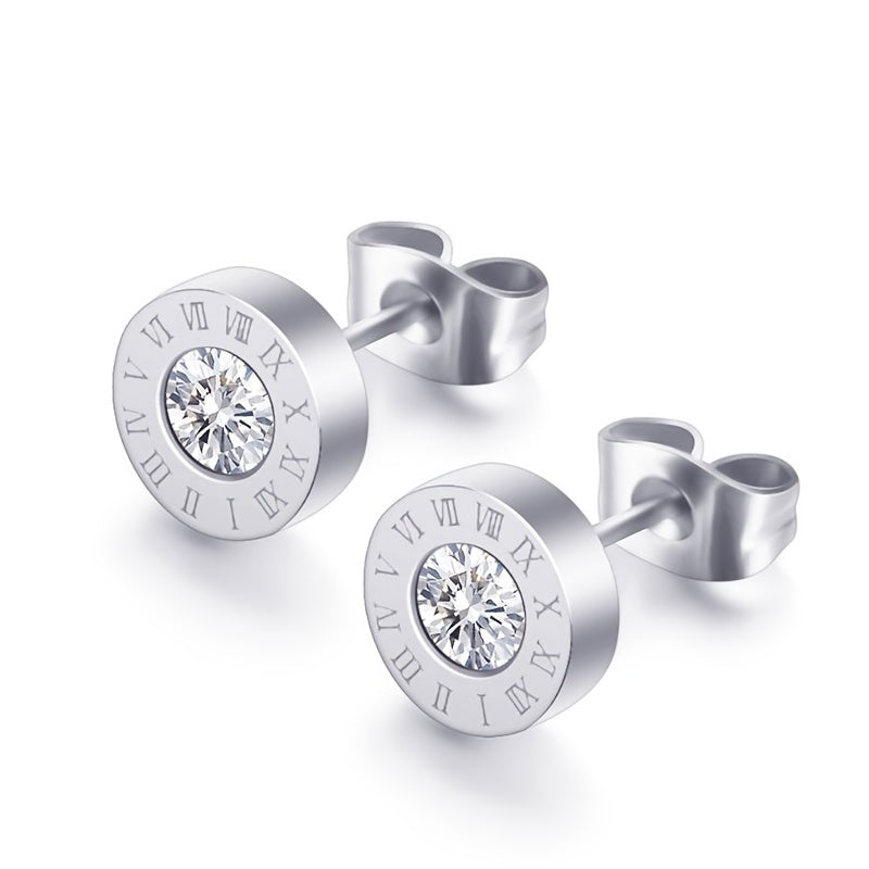 [1 Pair Roman Numeral Earrings] Stainless Steel Roman Numeral Earrings for Women - 1 Pair Fashion Synthetic Zirconia Valentine's Day Gift