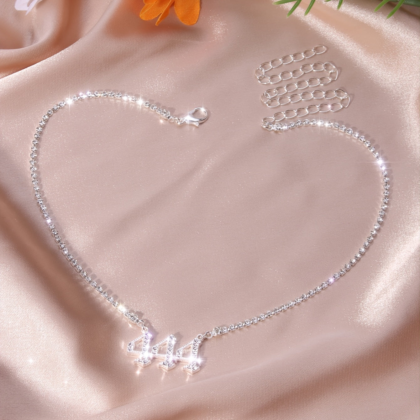 444 Angel Number Rhinestone Necklace - Silver Plated Zinc Alloy with Sparkling Stones, Daily & Party Occasion, Everyday Jewelry | Angelic Design | Rhinestone Chain, Angel Jewelry