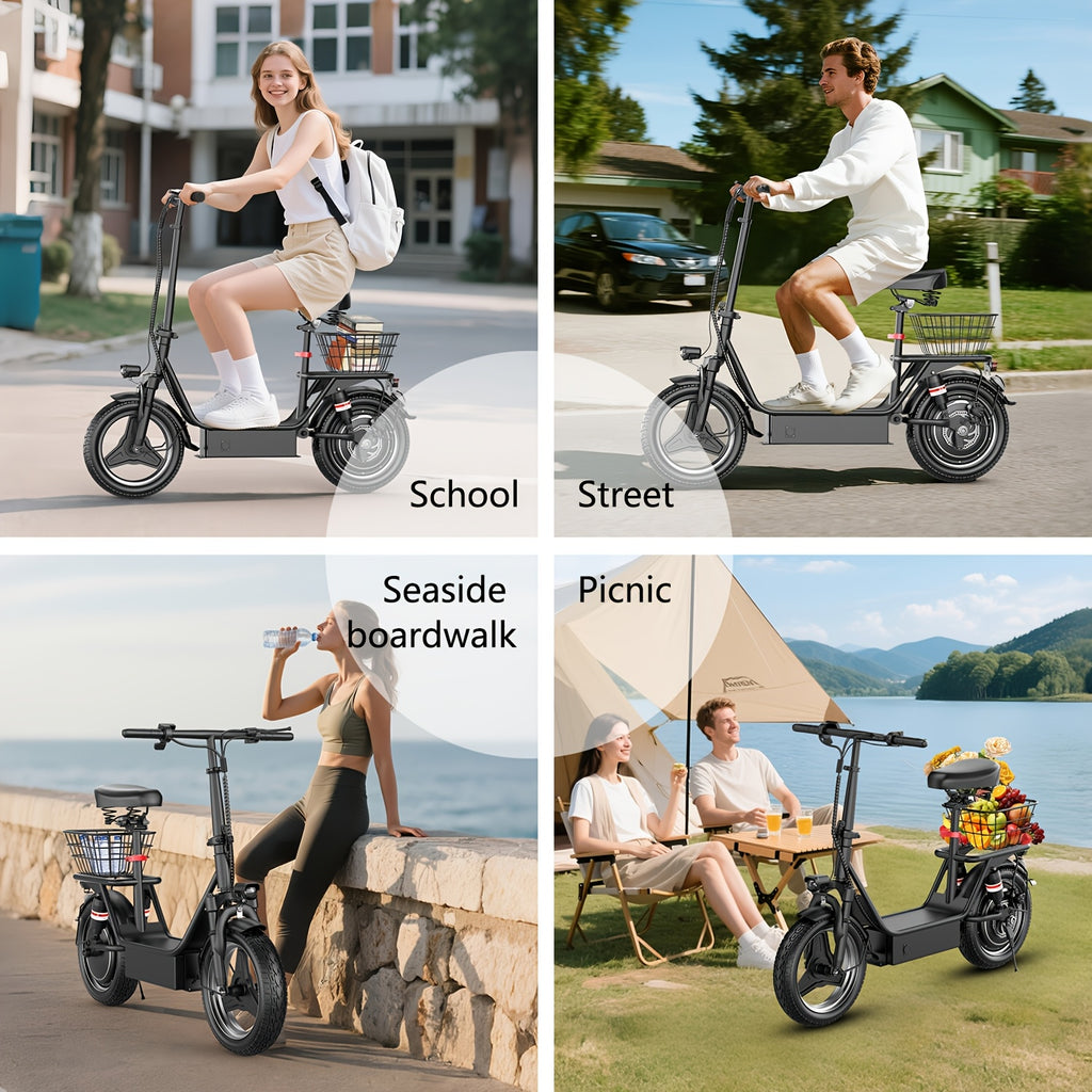 Electric Scooter with Seat, 30 Miles Long Range & 20Mph Top Speed, 14" Pneumatic Tire, Height Adjustable Seat &Handlebar, Dual Suspensions Commuting Scooter with Basket