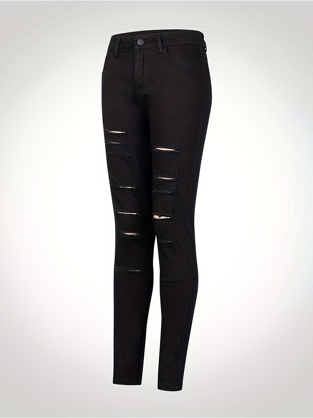 White Ripped Holes Straigh Jeans, Slash Pockets Distressed Non-Stretch Denim Pants, Women's Denim Jeans & Clothing