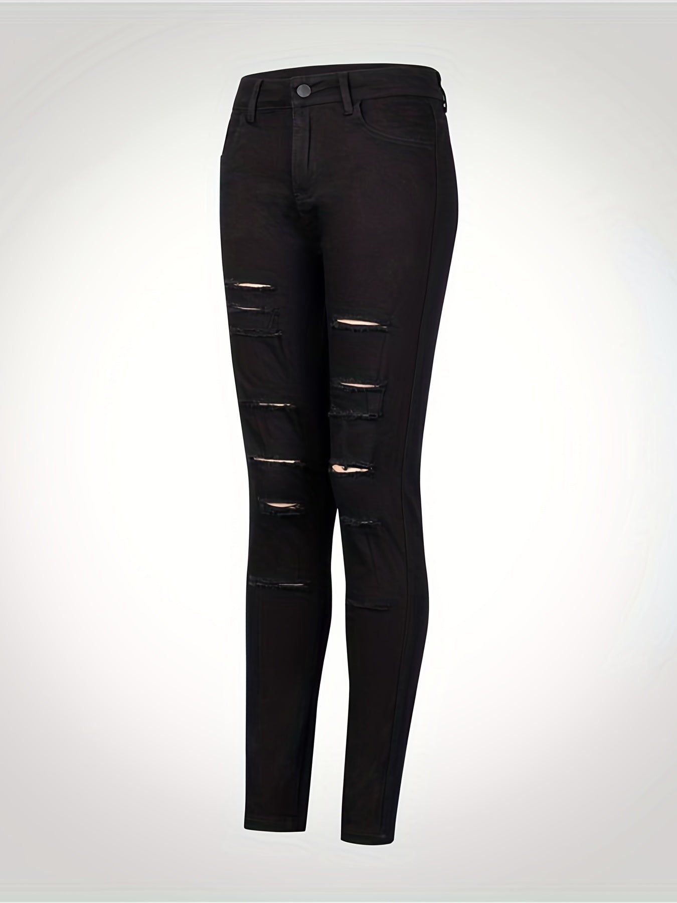 White Ripped Holes Straigh Jeans, Slash Pockets Distressed Non-Stretch Denim Pants, Women's Denim Jeans & Clothing