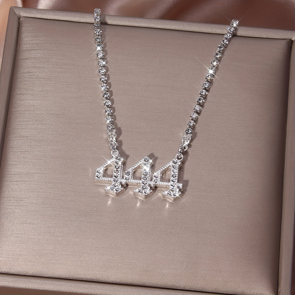 444 Angel Number Rhinestone Necklace - Silver Plated Zinc Alloy with Sparkling Stones, Daily & Party Occasion, Everyday Jewelry | Angelic Design | Rhinestone Chain, Angel Jewelry