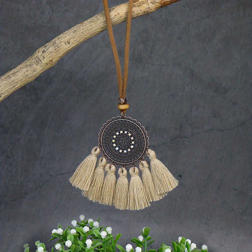 3pcs Ethnic Style Women's Fashion Pendant Necklace Set with Floral Tassel Pendant, Bronze Enamel Drip Zinc Alloy with Glass Rhinestone Inlay, Vintage Necklace