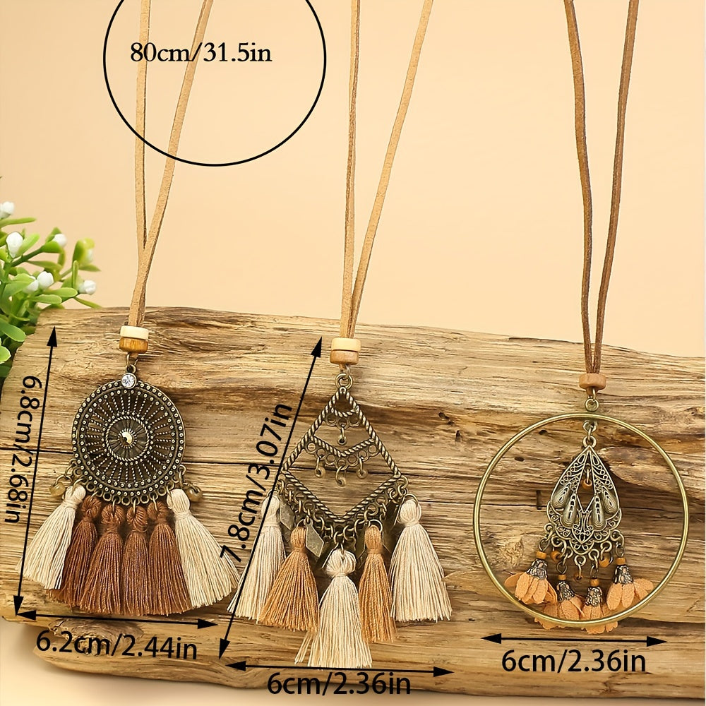 3pcs Ethnic Style Women's Fashion Pendant Necklace Set with Floral Tassel Pendant, Bronze Enamel Drip Zinc Alloy with Glass Rhinestone Inlay, Vintage Necklace