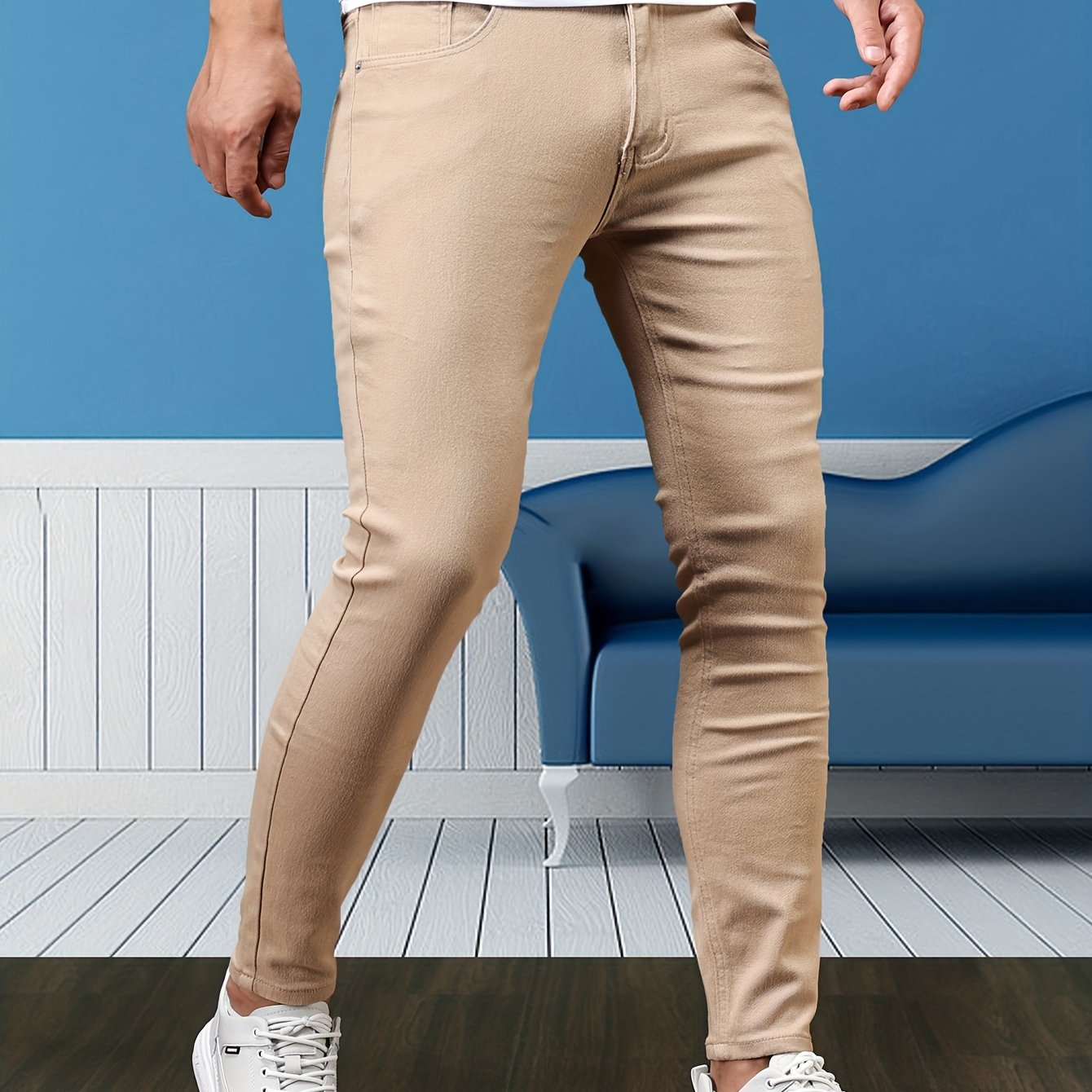 Mid Stretch Slim Fit Jeans, Men's Casual Street Style Contrast Stitching Denim Pants For Spring Summer