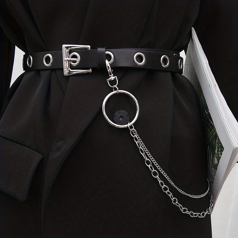 Hip Hop Chain Tassel Belts Punk Studded Pin Buckle PU Belt Y2K Unisex Black Casual PU Jeans Pants Belt For Women Men
