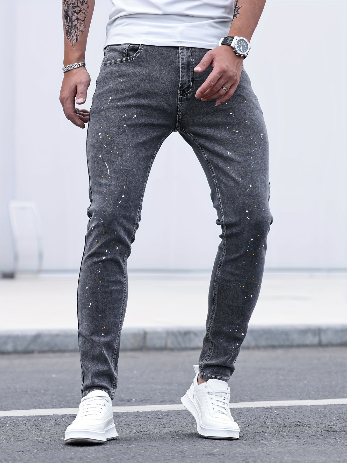 Mid Stretch Slim Fit Jeans, Men's Casual Street Style Contrast Stitching Denim Pants For Spring Summer