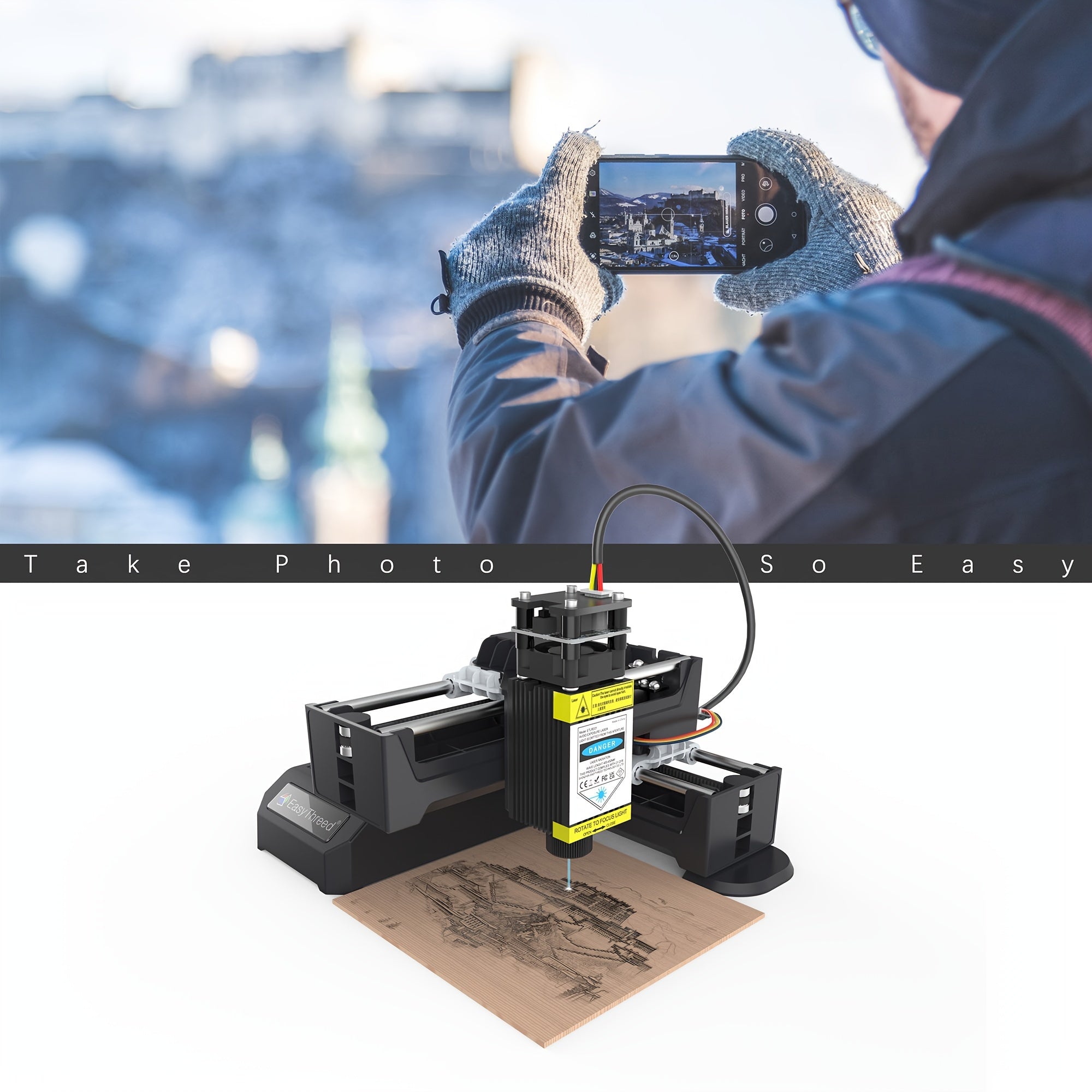 EasyThreed 0,5W Lasergravierer für Anfänger, DIY-Gravurbereich 100x100mm, kabellose Smartphone-Konnektivität, APP-Steuerung für iOS & Android, Kunststoffmaterial, 110V/220V Stromversorgung, US-Stecker, elektronische Komponenten enthalten