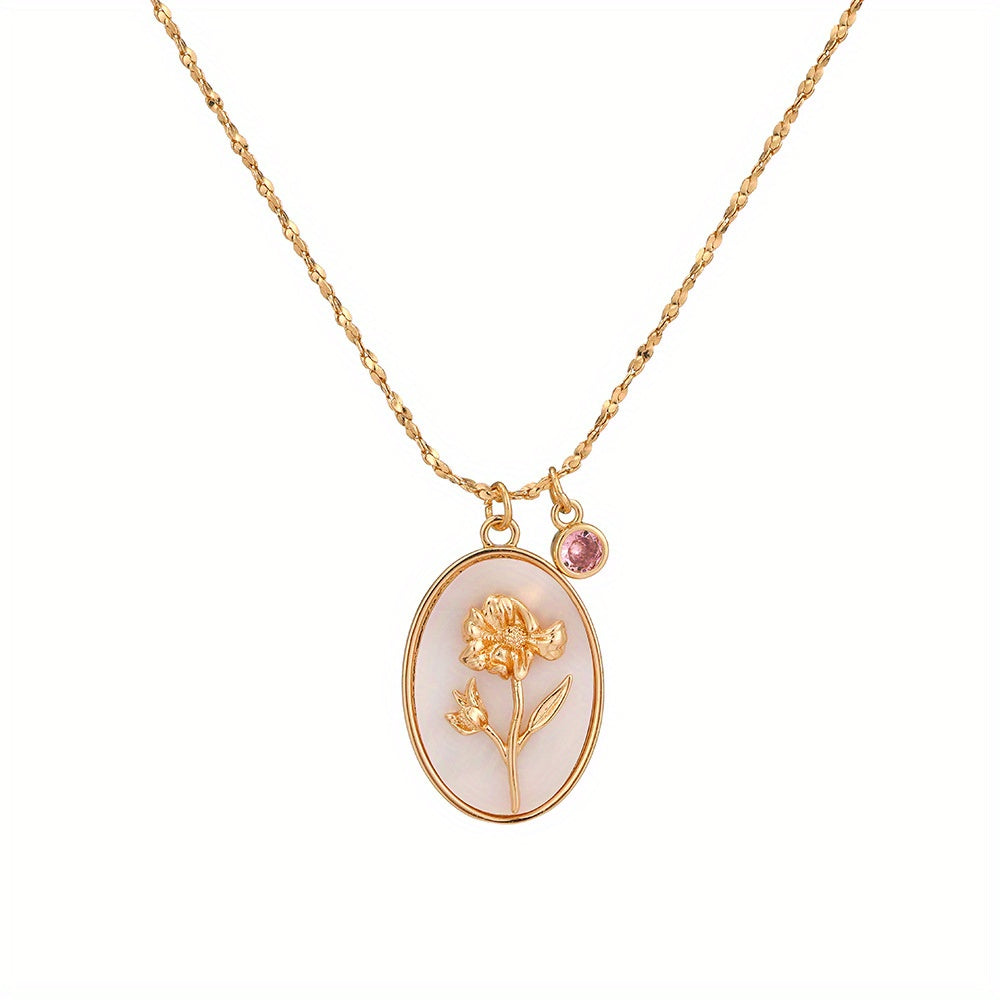 A Three-Dimensional Oval-Shaped Pendant Necklace Made of Golden with a Birthstone And White Mother-Of-Pearl, Featuring a December Flower Design