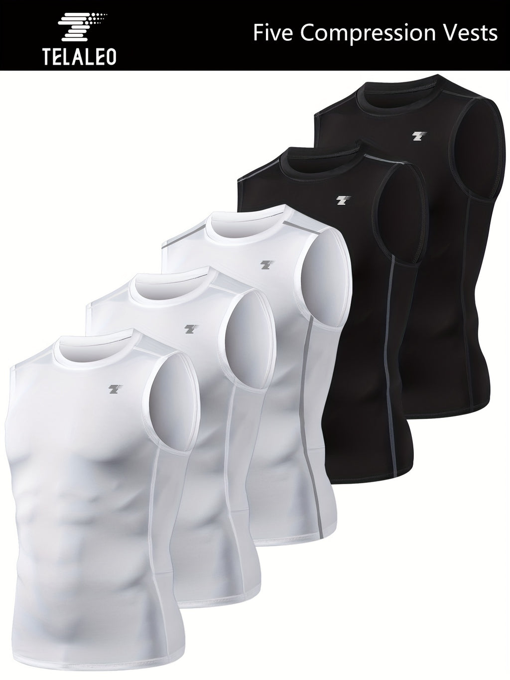 [5-Pack Athletic Shirts] TELALEO 5-Pack Men's Athletic Compression Shirts | Sleeveless Workout Tank Tops for Running, Basketball & Outdoor Activities, Breathable & Supportive Design, Black, White, Red, Blue