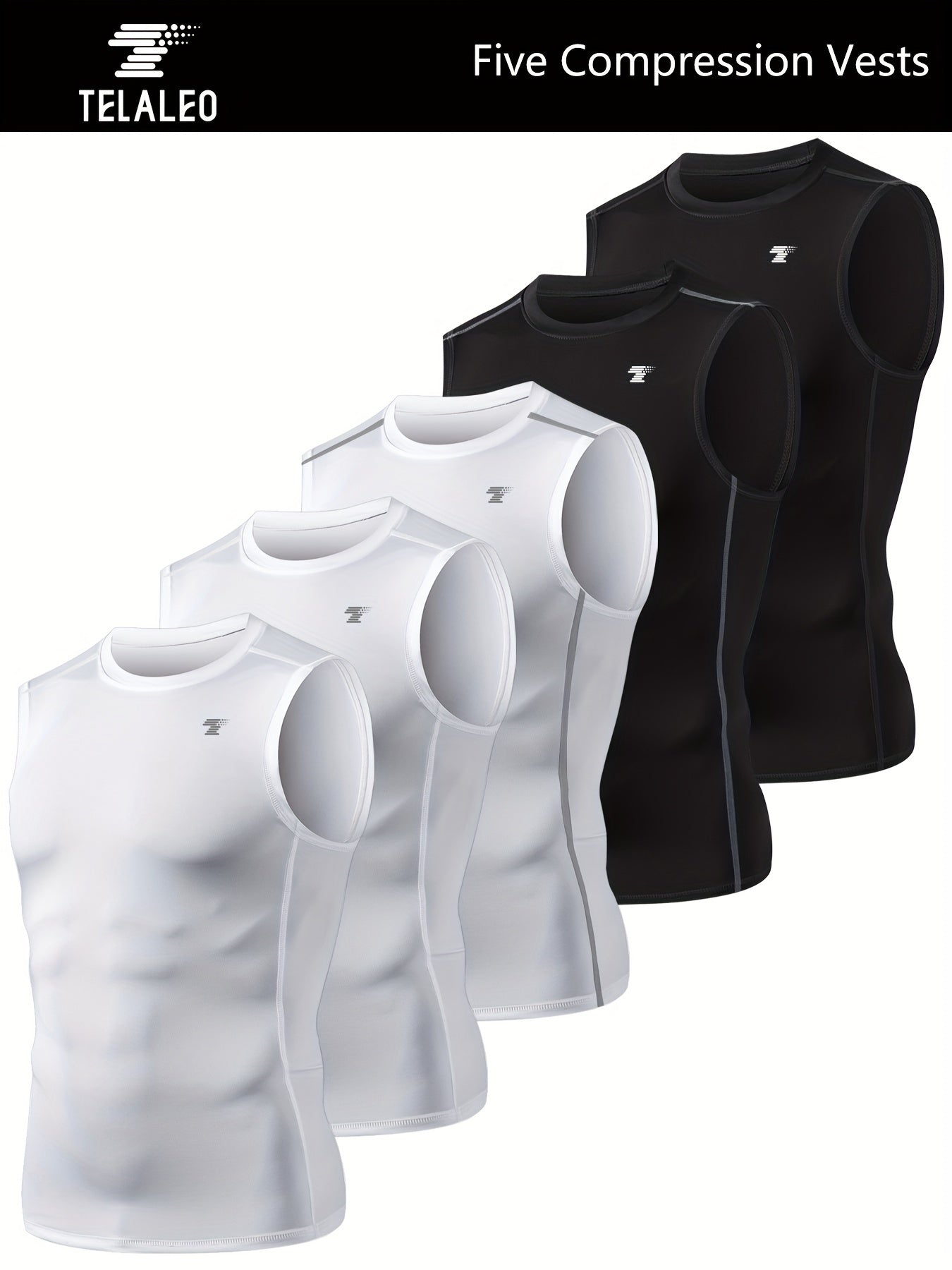 [5-Pack Athletic Shirts] TELALEO 5-Pack Men's Athletic Compression Shirts | Sleeveless Workout Tank Tops for Running, Basketball & Outdoor Activities, Breathable & Supportive Design, Black, White, Red, Blue