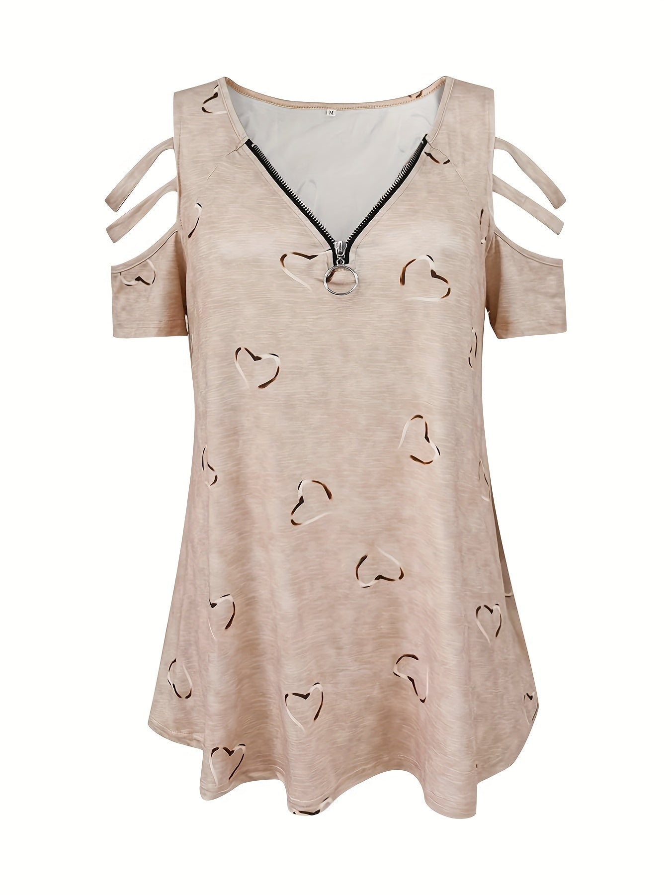 Plus Size, 2021 European and American Cross-Border Wish Women's Fashion V-Neck Zipper Print Short Sleeve Loose Casual T-Shirt Women's Top