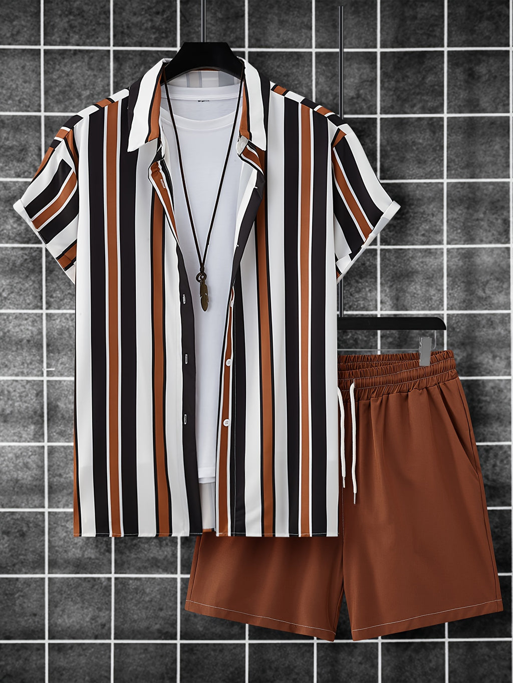 Vertical Striped Pattern Print, Men's 2Pcs Outfits, Casual Lapel Button Up Short Sleeve Shirts Shirt And Drawstring Shorts Set For Summer, Men's Clothing