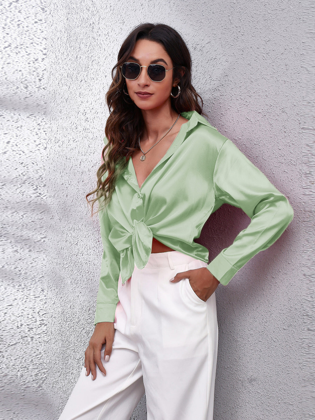 Hot Style In-Kind Shooting Satin Shirt Women'S Satin Imitation Long-Sleeved Shirt New European And American Cross-Border Women'S Clothing