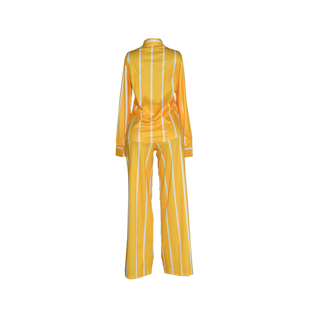 Women's Striped Print Two-piece Set - Button Front Collar Long Sleeve Shirt & High Waist Wide Leg Loose Pants Set - Casual Style - For Women - Perfect for Everyday Wear & Loungewear - Great Gift for Fashionable Women