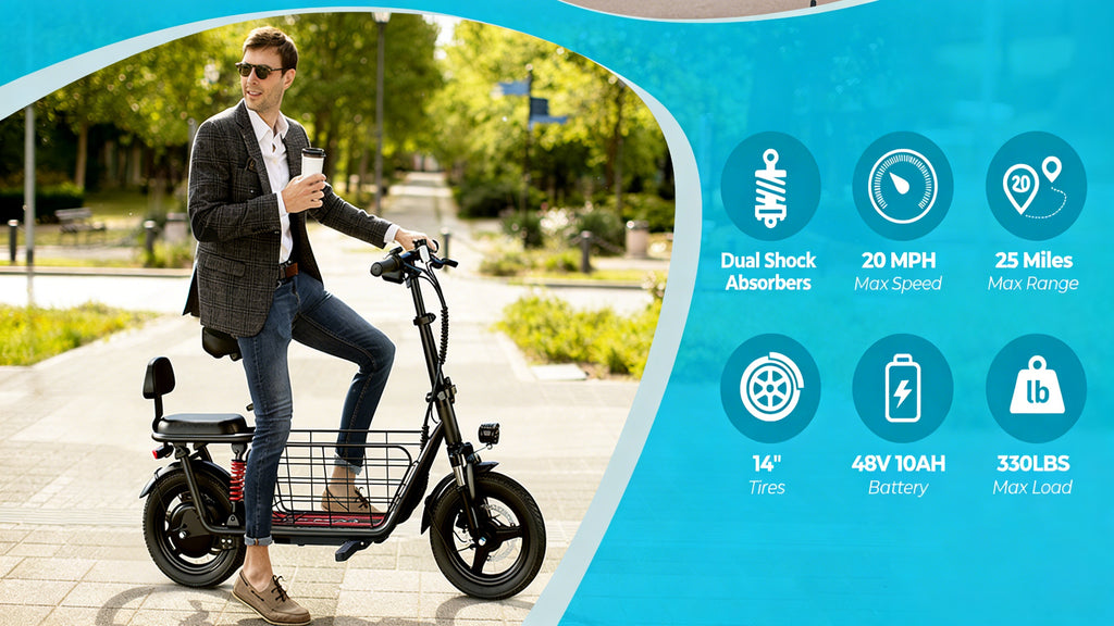 750W Peak Electric Scooter Featuring a Complimentary Seat And Basket - 480Wh Battery, Dual Suspension, Speeds Up to 22MPH, a Range of 25 Miles, LCD Display, And a Maximum Load Capacity of 330Lbs (Ideal for Commuting). This Fo