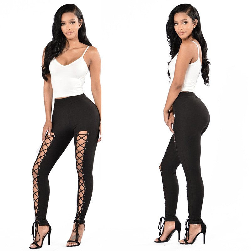 Autumn/Winter European and American Style Sexy Strappy Leggings with Double Rows of Eyelets, Cross-Over Ties, Solid Color Slim-Fit Ankle Pants for Women