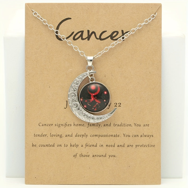 Glow-in-the-Dark Zodiac Necklace with Vintage Moon Pendant - Stylish Aquarius/Sagittarius/Leo/Leprechaun/Night & Sun Signs, Colorful Glass Charms, Zinc Alloy, Perfect Gift for Men
