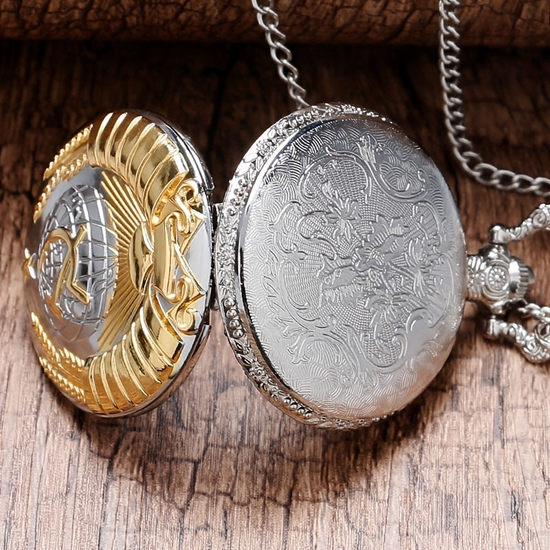 Vintage-Style Round-Shaped Stainless Steel Pocket Watch with Hammer Sickle Emblem - Electronic Quartz Movement, Pointer Display, Retro Design - Unique Collectible Accessory