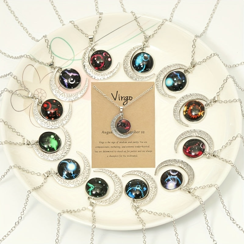 Glow-in-the-Dark Zodiac Necklace with Vintage Moon Pendant - Stylish Aquarius/Sagittarius/Leo/Leprechaun/Night & Sun Signs, Colorful Glass Charms, Zinc Alloy, Perfect Gift for Men