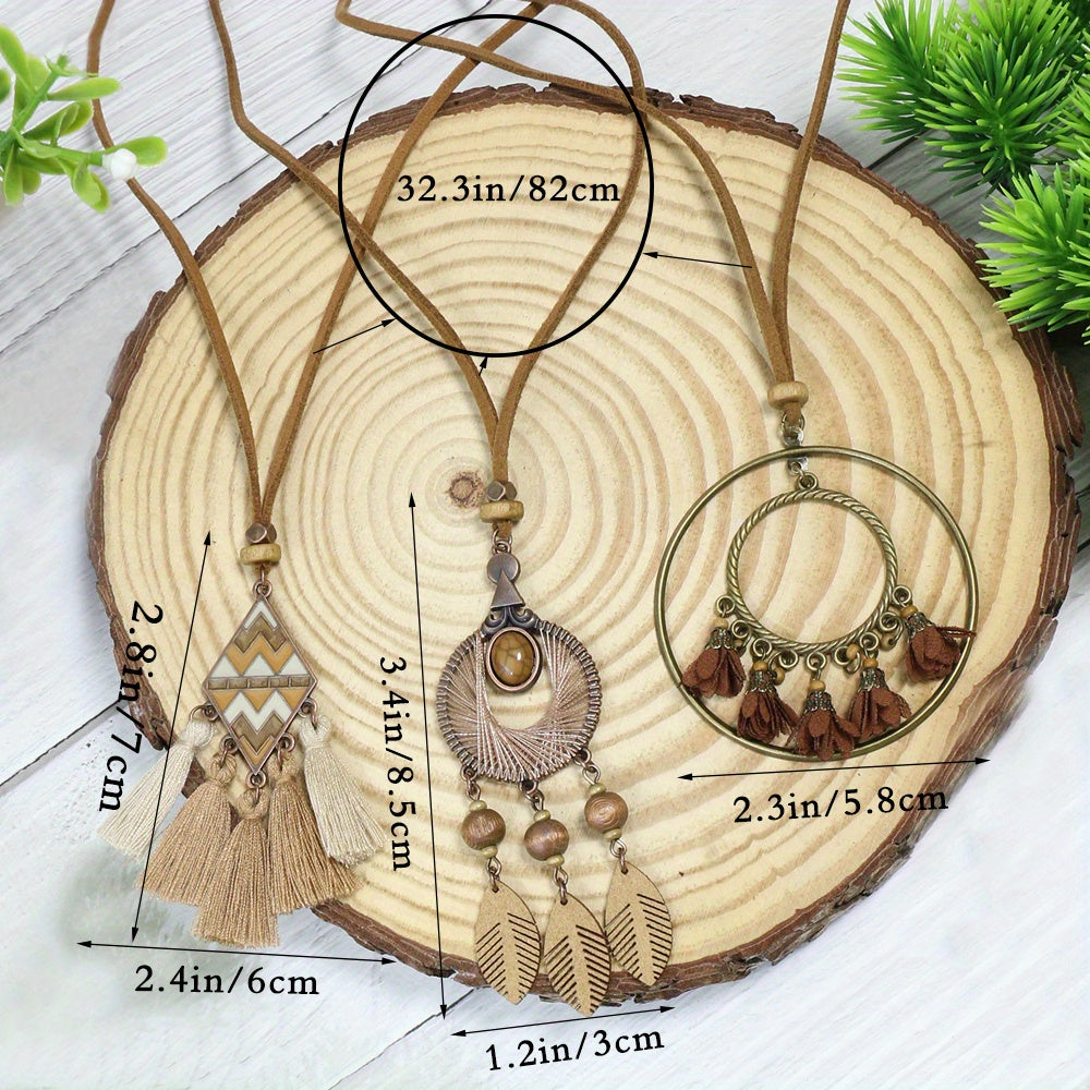 3pcs Ethnic Style Women's Fashion Pendant Necklace Set with Floral Tassel Pendant, Bronze Enamel Drip Zinc Alloy with Glass Rhinestone Inlay, Vintage Necklace