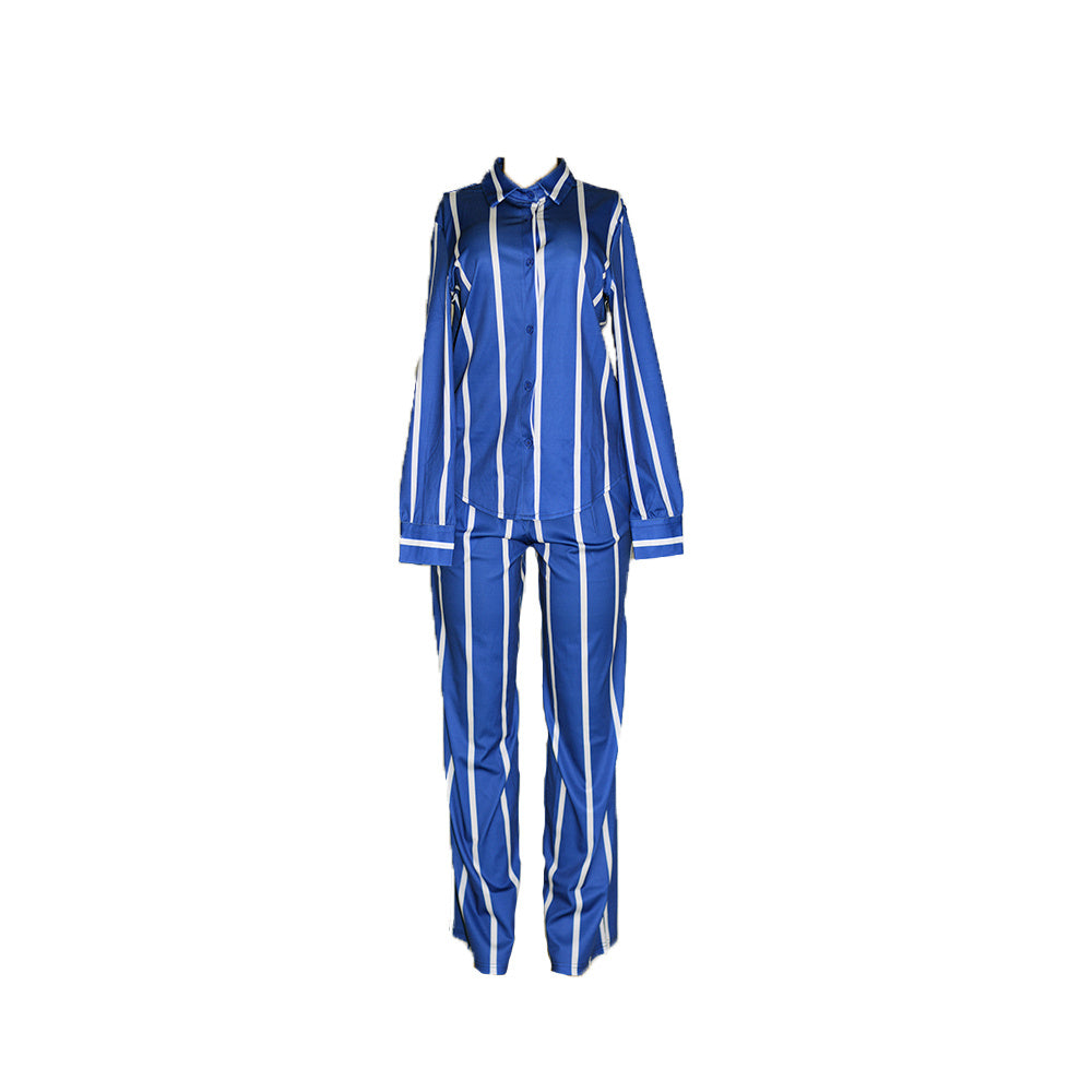Women's Striped Print Two-piece Set - Button Front Collar Long Sleeve Shirt & High Waist Wide Leg Loose Pants Set - Casual Style - For Women - Perfect for Everyday Wear & Loungewear - Great Gift for Fashionable Women