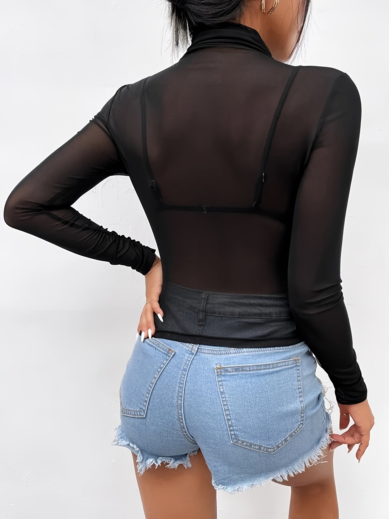 Solid Mesh Sheer T-Shirt, Casual Turtle Neck Long Sleeve T-Shirt, Casual Every Day Tops, Women's Clothing