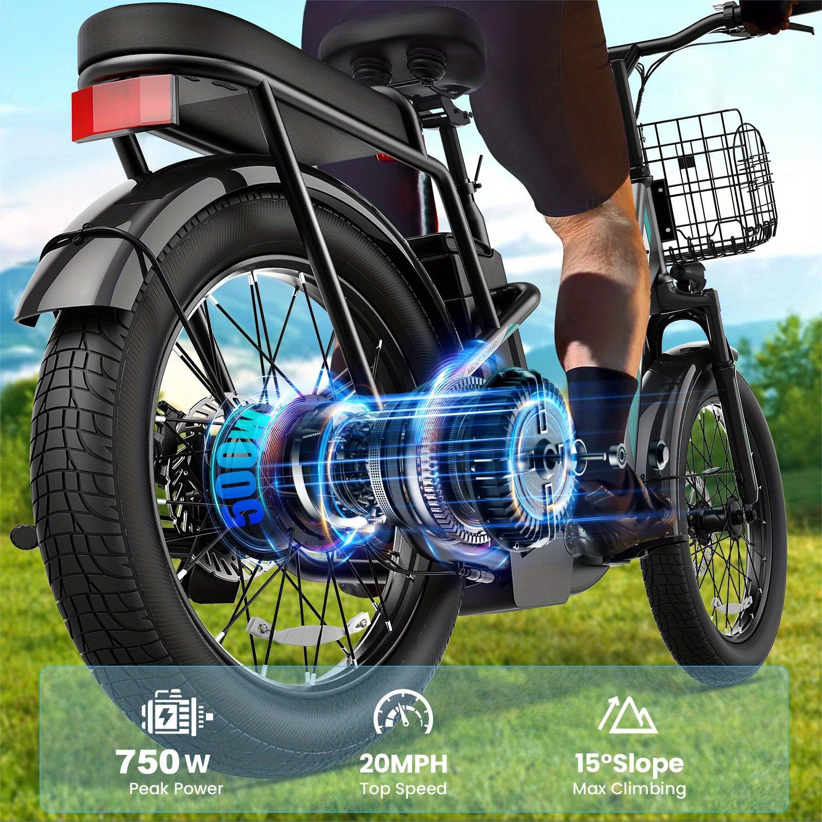 Peak 750W Adults Adjustable Electric Scooter with Seat & Basket, Rated 500W, 48V 7800mAh Lithium Battery, 25 Miles Range & 20 MPH Top Speed Commuting Electric Scooter, 20X3 inch Off-Road Tires, With LCD Display & Dual Seats,