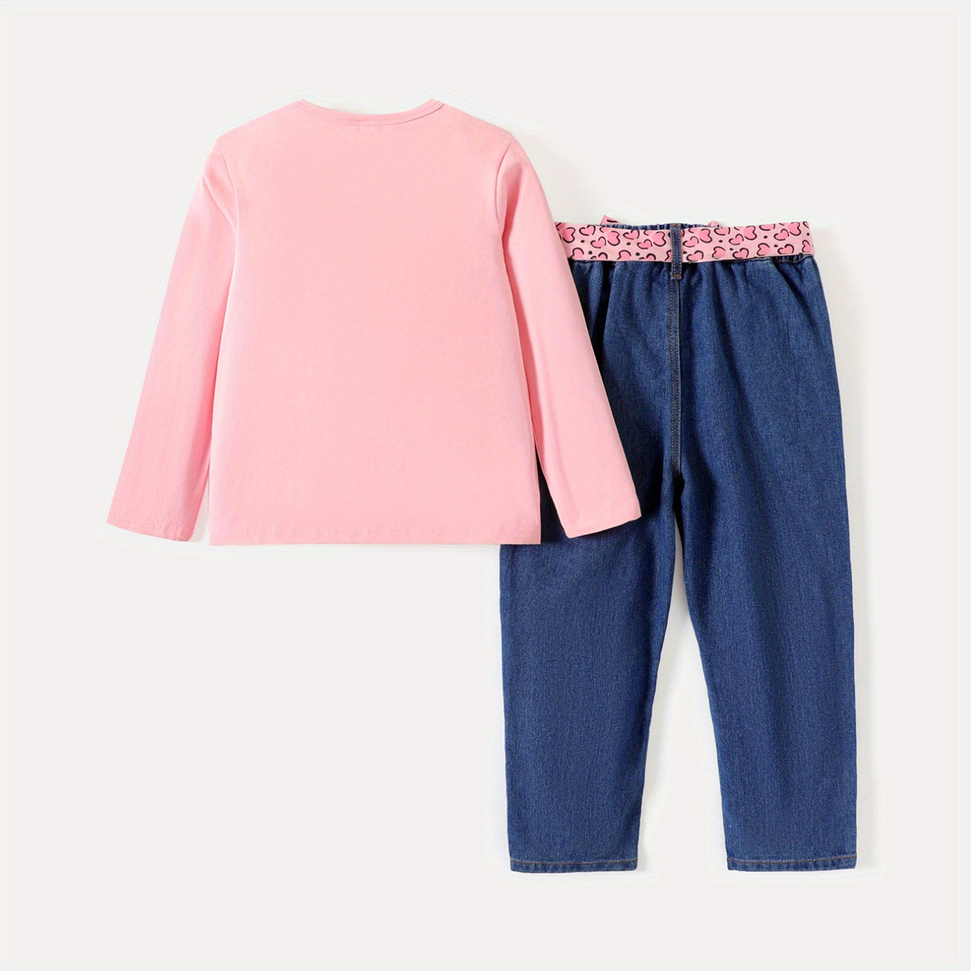 2pcs Girl's Figure Print Long-sleeve Tee and Belted Ripped Denim Jeans Set, Casual Outdoor Clothing