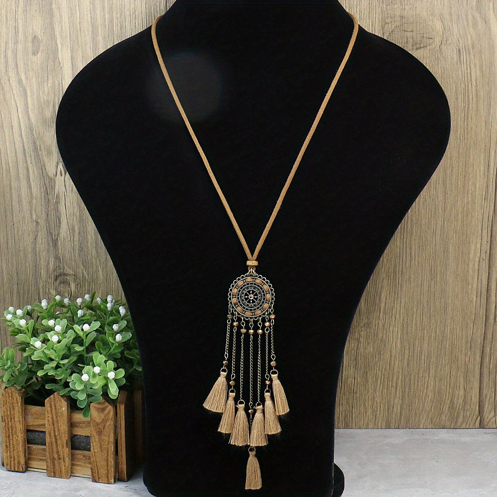 3pcs Ethnic Style Women's Fashion Pendant Necklace Set with Floral Tassel Pendant, Bronze Enamel Drip Zinc Alloy with Glass Rhinestone Inlay, Vintage Necklace