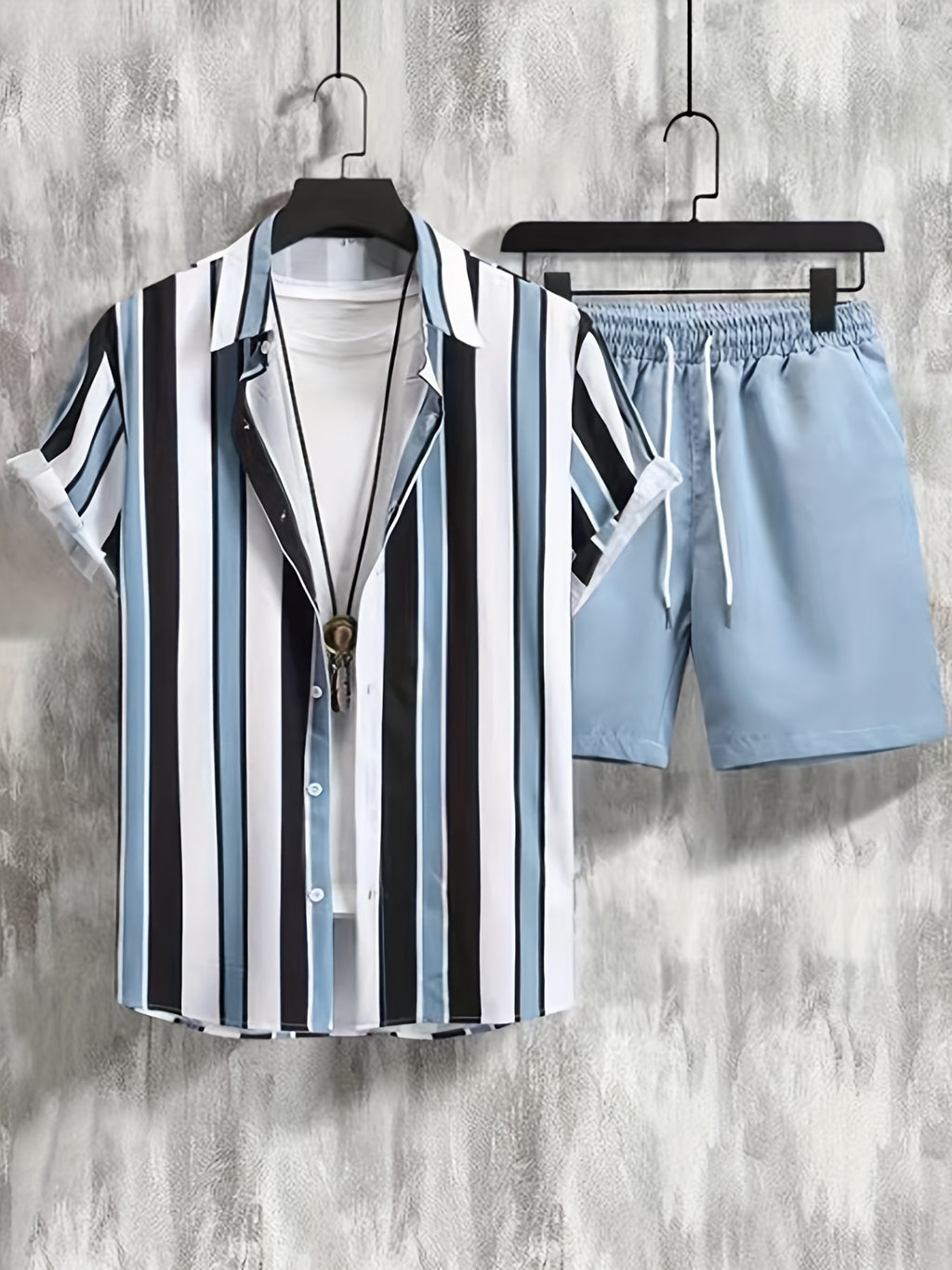 Vertical Striped Pattern Print, Men's 2Pcs Outfits, Casual Lapel Button Up Short Sleeve Shirts Shirt And Drawstring Shorts Set For Summer, Men's Clothing