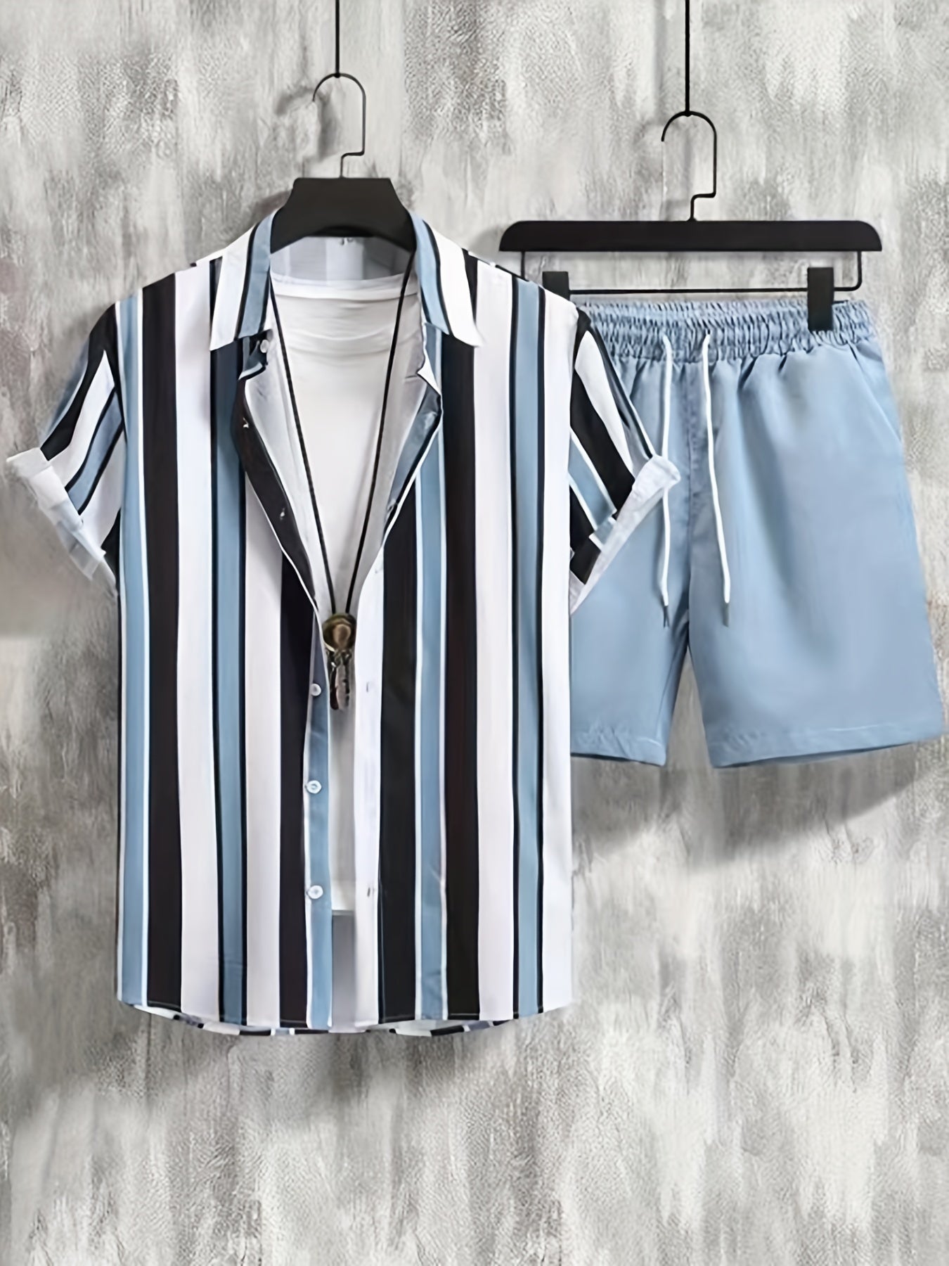 Vertical Striped Pattern Print, Men's 2Pcs Outfits, Casual Lapel Button Up Short Sleeve Shirts Shirt And Drawstring Shorts Set For Summer, Men's Clothing