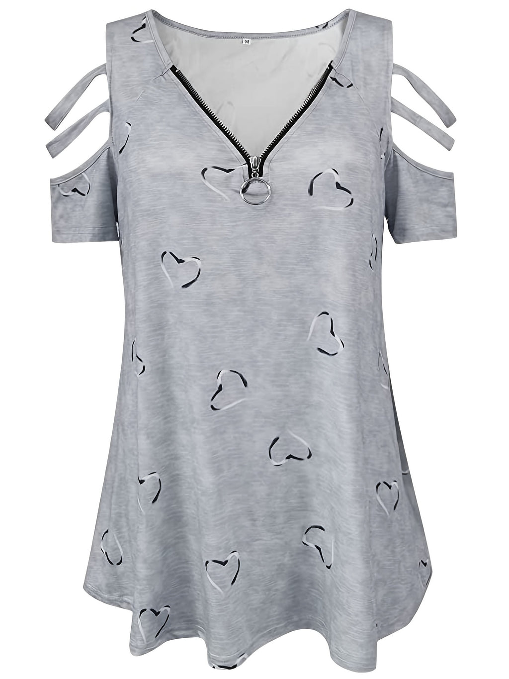 Plus Size, 2021 European and American Cross-Border Wish Women's Fashion V-Neck Zipper Print Short Sleeve Loose Casual T-Shirt Women's Top