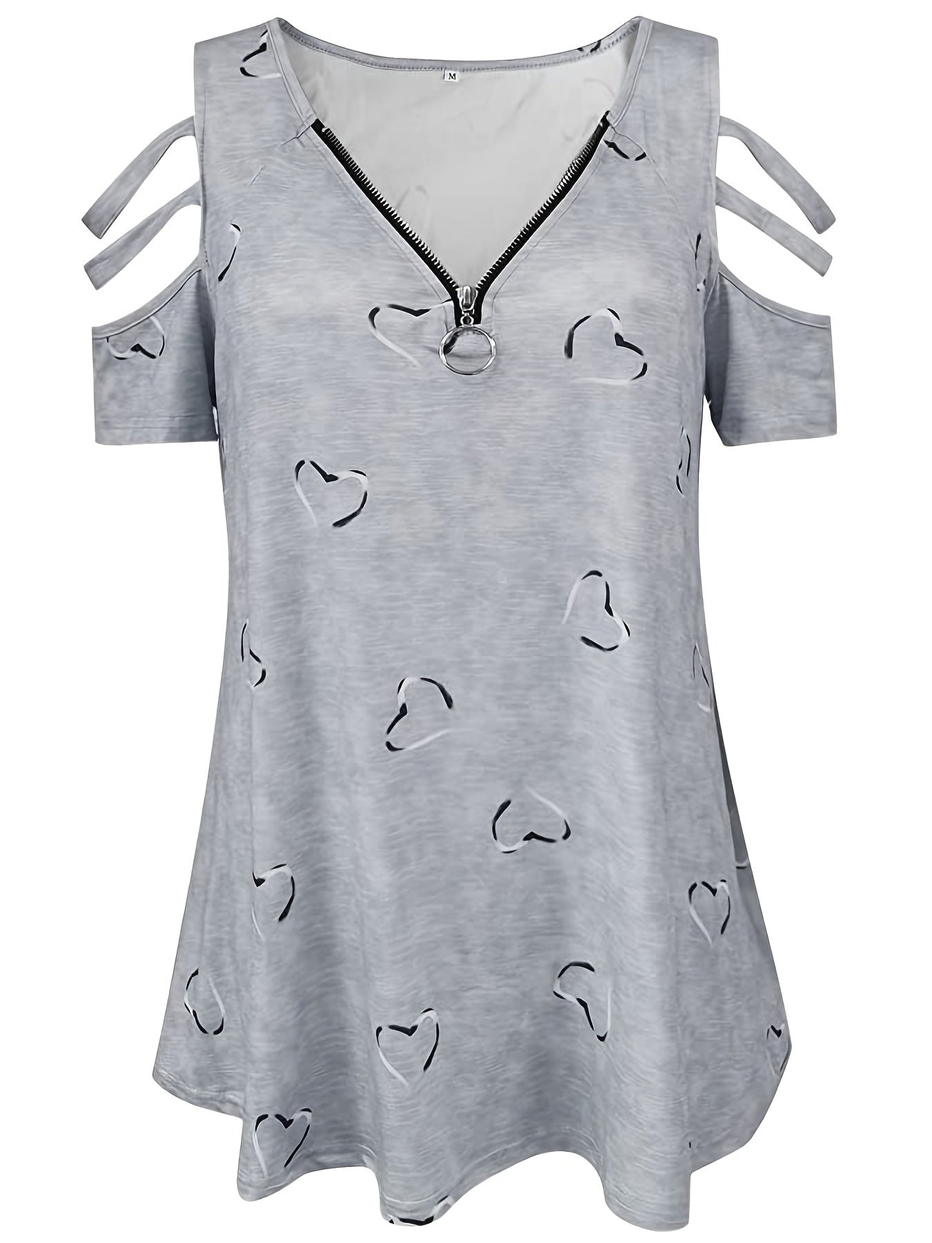 Plus Size, 2021 European and American Cross-Border Wish Women's Fashion V-Neck Zipper Print Short Sleeve Loose Casual T-Shirt Women's Top