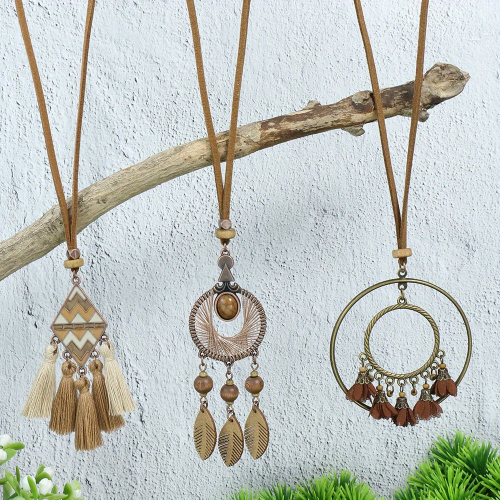 3pcs Ethnic Style Women's Fashion Pendant Necklace Set with Floral Tassel Pendant, Bronze Enamel Drip Zinc Alloy with Glass Rhinestone Inlay, Vintage Necklace