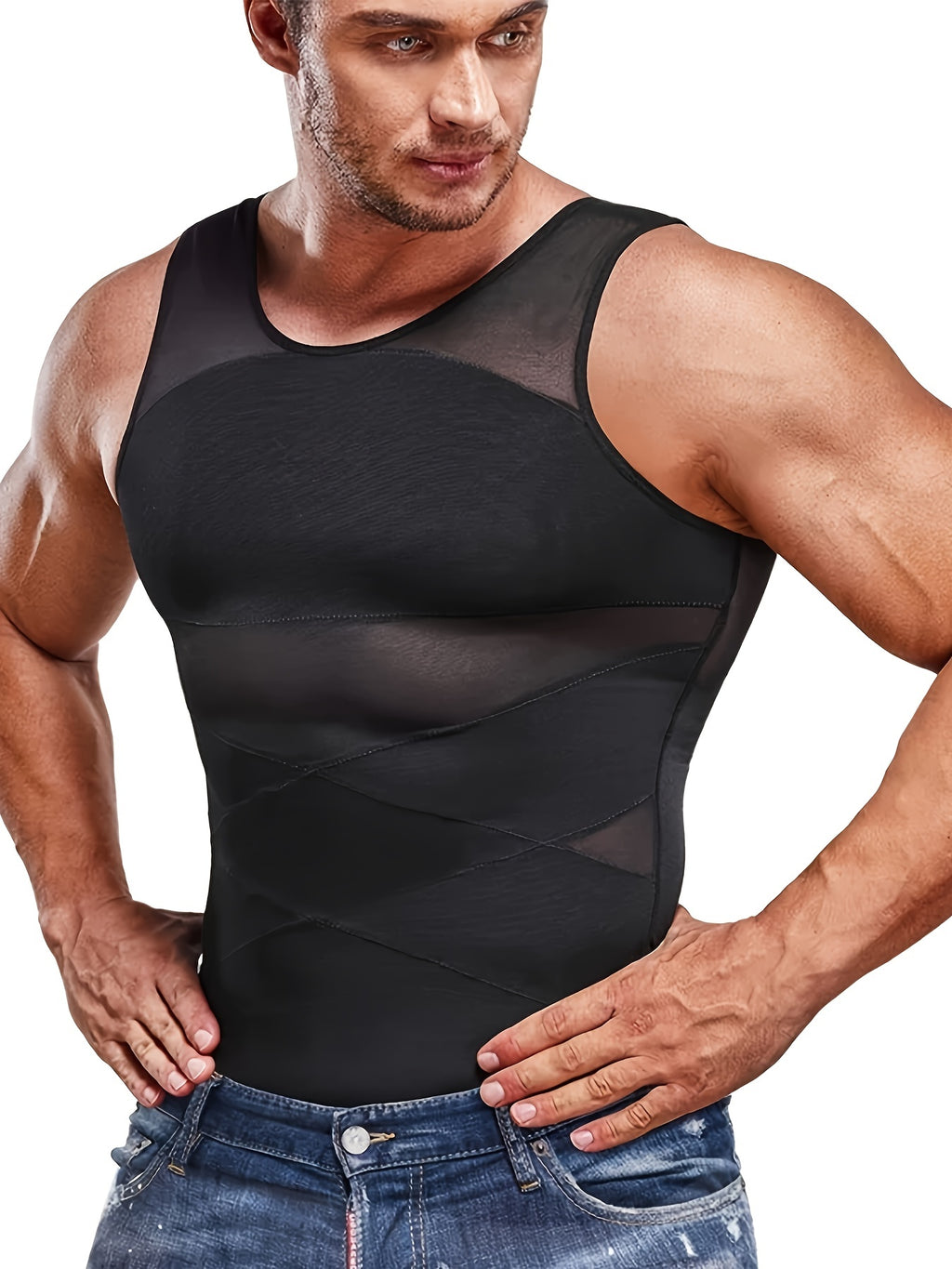 SCARBORO Men's Compression Shirt for Body Shaper Slimming Vest Tight Tummy Underwear Tank Top