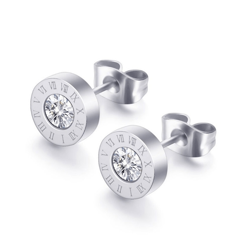 [1 Pair Roman Numeral Earrings] Stainless Steel Roman Numeral Earrings for Women - 1 Pair Fashion Synthetic Zirconia Valentine's Day Gift