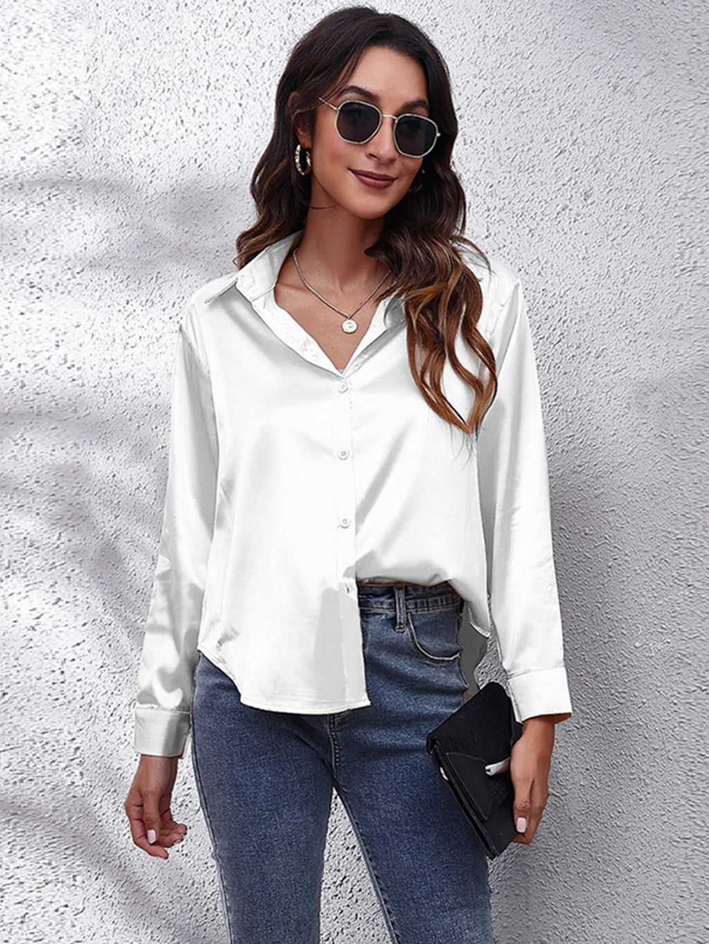 Hot Style In-Kind Shooting Satin Shirt Women'S Satin Imitation Long-Sleeved Shirt New European And American Cross-Border Women'S Clothing