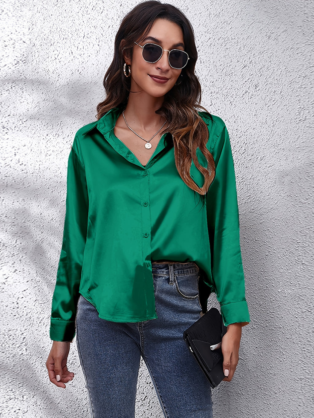 Hot Style In-Kind Shooting Satin Shirt Women'S Satin Imitation Long-Sleeved Shirt New European And American Cross-Border Women'S Clothing