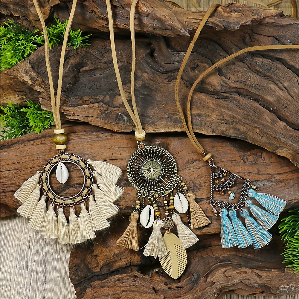 3pcs Ethnic Style Women's Fashion Pendant Necklace Set with Floral Tassel Pendant, Bronze Enamel Drip Zinc Alloy with Glass Rhinestone Inlay, Vintage Necklace