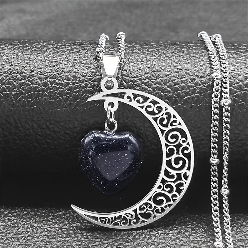 [Vintage Heart Necklace] 18K Golden Plated Blue Sand Heart Pendant Necklace for Women | Moon Design, Black Stainless Steel, Vintage Style, Daily Wear, Mardi Gras Day, All Seasons