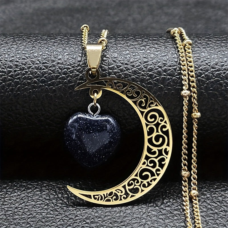 [Vintage Heart Necklace] 18K Golden Plated Blue Sand Heart Pendant Necklace for Women | Moon Design, Black Stainless Steel, Vintage Style, Daily Wear, Mardi Gras Day, All Seasons