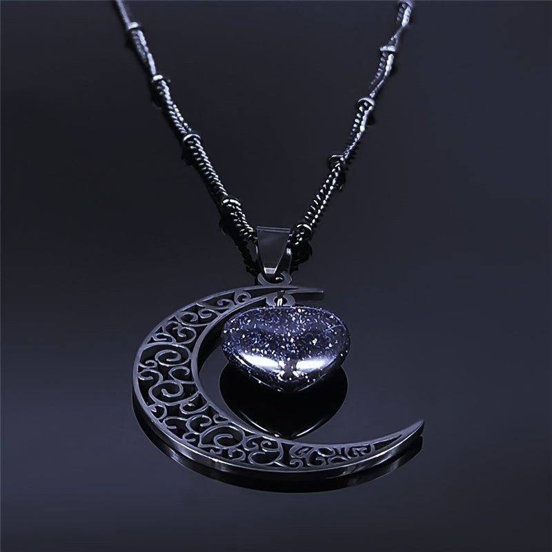 [Vintage Heart Necklace] 18K Golden Plated Blue Sand Heart Pendant Necklace for Women | Moon Design, Black Stainless Steel, Vintage Style, Daily Wear, Mardi Gras Day, All Seasons