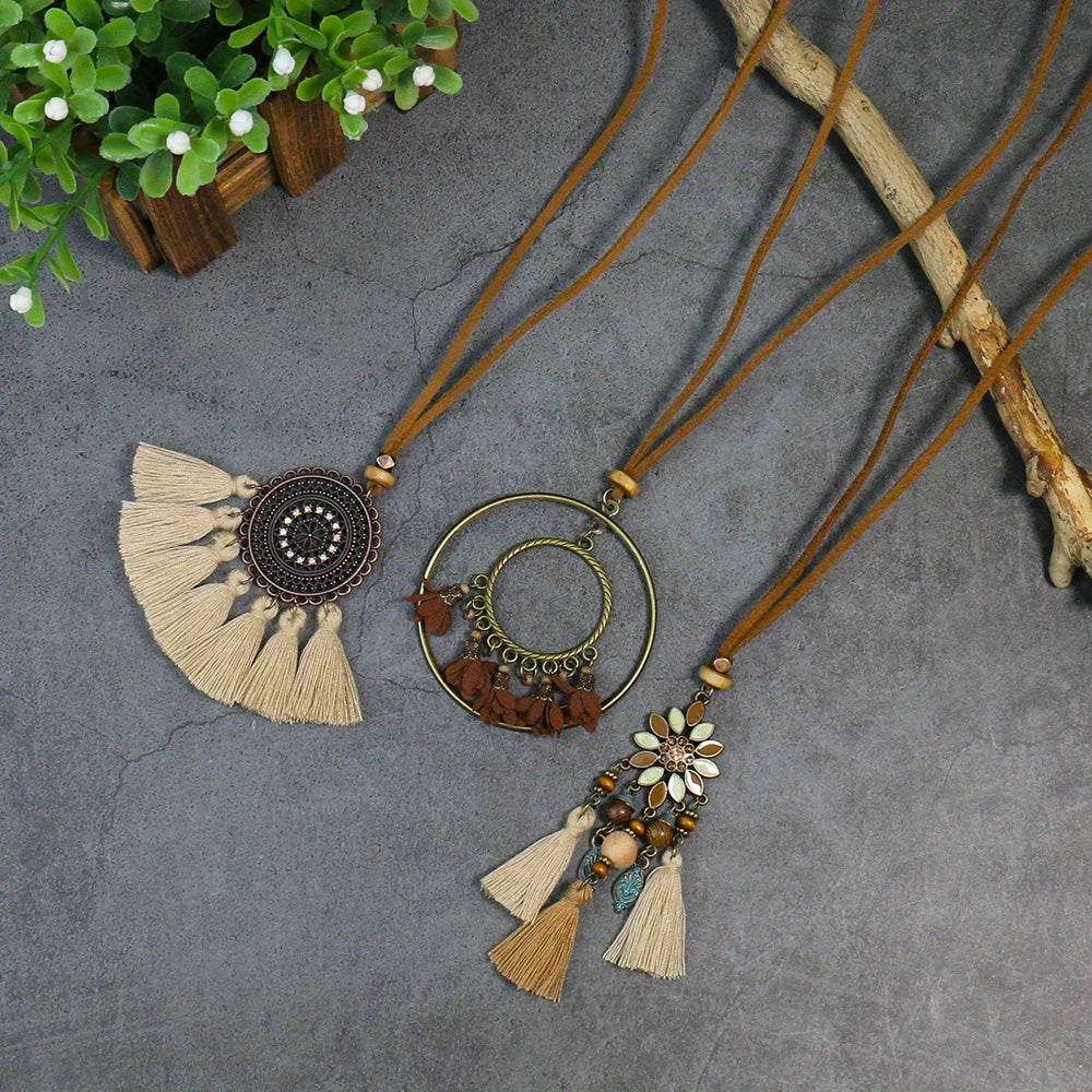 3pcs Ethnic Style Women's Fashion Pendant Necklace Set with Floral Tassel Pendant, Bronze Enamel Drip Zinc Alloy with Glass Rhinestone Inlay, Vintage Necklace