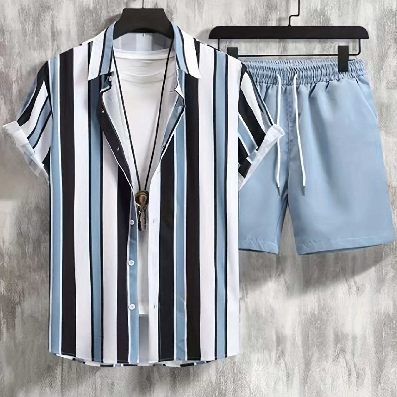 Vertical Striped Pattern Print, Men's 2Pcs Outfits, Casual Lapel Button Up Short Sleeve Shirts Shirt And Drawstring Shorts Set For Summer, Men's Clothing