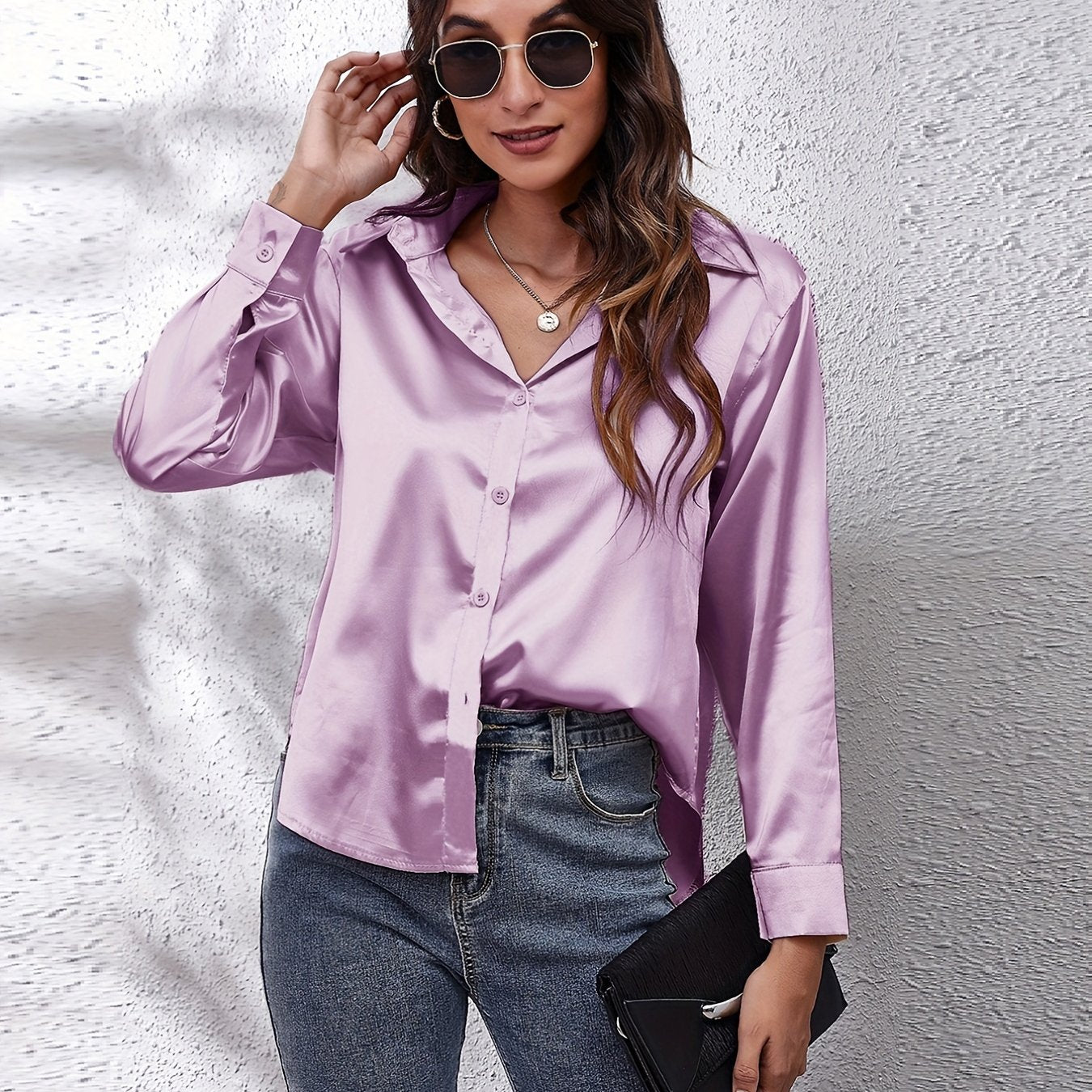 Hot Style In-Kind Shooting Satin Shirt Women'S Satin Imitation Long-Sleeved Shirt New European And American Cross-Border Women'S Clothing